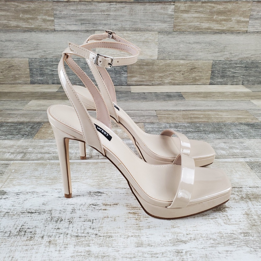 Nine West Zadie Womens Sandals Sz 8 M Beige Square Toe Stiletto Heel Ankle Strap